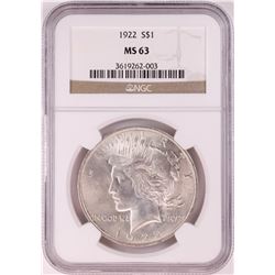 1922 $1 Peace Silver Dollar Coin NGC MS63