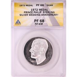 1972 Prince Philip Sterling Silver Wedding Anniversary Medal ANACS PF68DCAM
