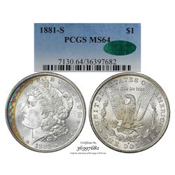 1881-S $1 Morgan Silver Dollar Coin PCGS MS64 CAC Amazing Toning