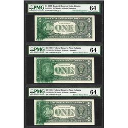 (3) Consec. 1999 $1 Federal Reserve Notes Solvent Smear ERROR PMG Ch. Uncirculated 64