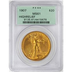 1907 High Relief $20 St. Gaudens Double Eagle Gold Coin PCGS MS61 OGH