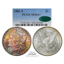 1881-S $1 Morgan Silver Dollar Coin PCGS MS64+ CAC Amazing Toning