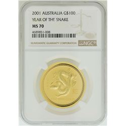 2001 $100 Australia Year of the Snake Gold Coin NGC MS70