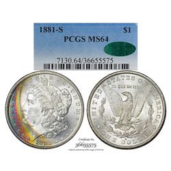 1881-S $1 Morgan Silver Dollar Coin PCGS MS64 CAC Amazing Toning