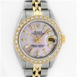 Rolex Ladies Two Tone 18K Gold Bezel Pink MOP Baguette Diamond Datejust Wristwatch
