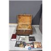 Image 1 : Vintage Wooden Box, Wind-Up Coin Bank & CDs
