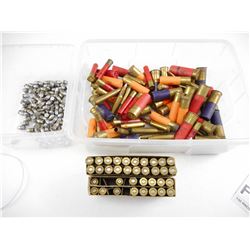 ASSORTED LOT, 9MM BULLETS, 30-06 AMMO, SOME BRASS CASES, .308 AMMO, 20 GA SHOT SHELLS, .410 SHOT SHE