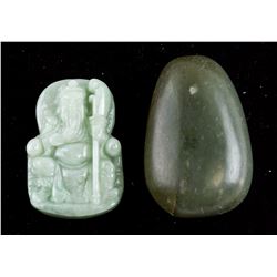 Chinese Green Jade Guan Gong Pendant and Boulder