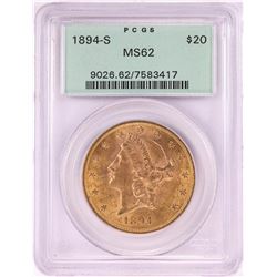 1894-S $20 Liberty Head Double Eagle Gold Coin PCGS MS62 Old Green Holder