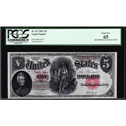 1907 $5 Woodchopper Legal Tender Note Fr.87 PCGS Gem New 65 Rochowiak Collection