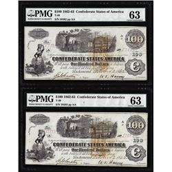 (2) Consecutive 1862 $100 Confederate States of America Notes PMG Choice Uncirculated 63