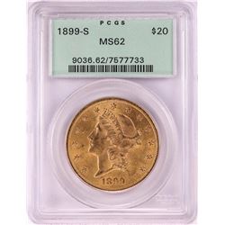 1899-S $20 Liberty Head Double Eagle Gold Coin PCGS MS62 Old Green Holder