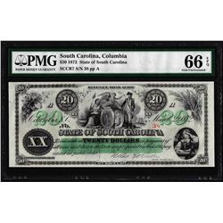 1872 $20 State of South Carolina Obsolete Note PMG Gem Unc. 66EPQ Low Serial Number