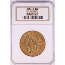 1863-S $20 Liberty Head Double Eagle Gold Coin NGC XF45