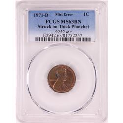 1971-D Lincoln Cent Coin ERROR Struck on Thick Planchet PCGS MS63BN