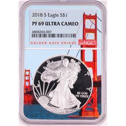 2018-S $1 Proof American Silver Eagle Coin NGC PF69 Ultra Cameo Bridge Core