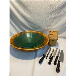 wood bowl, glass bowl and knife set