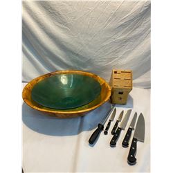 wood bowl, glass bowl and knife set