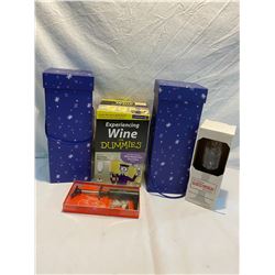 2 wine boxes, wine for dummies, cork screw and redneck wineglass