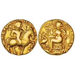 Ancient India: Gupta Empire, Kumara Gupta I (415-455 AD), gold dinar of 'Horseman' type, 8.15g.
