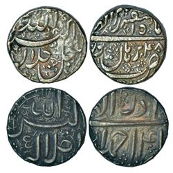 Mughals: Akbar (1556-1605 AD), silver rupee (2), Burhanpur mint and Ahmadabad mint.