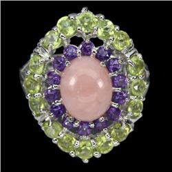 Natural Pink Opal 10x8MM, Amethyst &  Peridot Ring