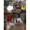 Image 1 : BOX OF SALAD BOWLS WITH LIDS, ADULT DIAPERS XMAS CURTAINS AND RED GLASS SHADE