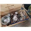 Image 2 : WOOD CRATE AND TRAY OF VINTAGE METALWARE