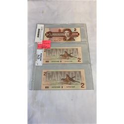 3 MINT 1986 CANADIAN 2 DOLLAR BILLS - 2 IN SEQUENCE, LAST ISSUE OF BILL