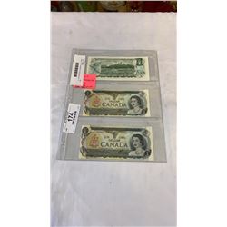 3 MINT 1973 CANADIAN 1 DOLLAR BILLS - 2 IN SEQUENCE, LAST ISSUE OF BILL