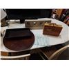 Image 1 : LARGE WOODEN LAZY SUSAN, WOOD TRAY W/ META HANDLES, GLASS CANDY DISH, DOOR DECOR, AND ORGANIZER CASE