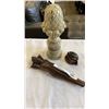 Image 1 : WOODEN CARVED STATUE WITH WOMAN AND GLAZED SHELL