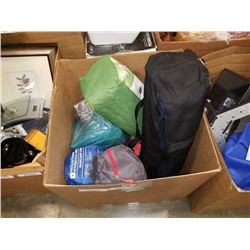 BOX OF 3 TENTS, SLEEPING BAG, AIR MATTRESS, ETC