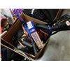 Image 1 : BOX OF ASSORTED SPORT RAQUETS, ROLLERBLADES, PING PONG PADDLES, ETC