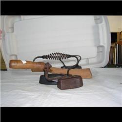 Group of 4 Items, Taylor Iron, etc. Taylor Iron, Flat Iron with coil handle, wood smoothing iron & T