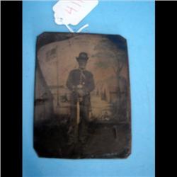 Civil War Tin Type with gold enhanced sword, buckle, buttons &  hat &  military Camp background.