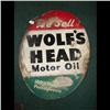 Image 1 : Wolf's Head Motor Oil Metal Sign Sign in Good condition.  Oval 30"x24".  Has some  rubs and dings.