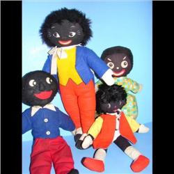 4 Early Golliwogs 4 Early Golliwogs measuring 13", 12" and two at 17".  Wearing 2 with Blue Coats, 1