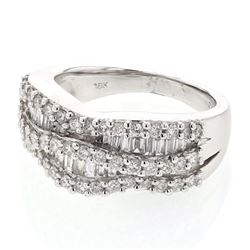 Natural 1.20 CTW Diamond & Baguette Ring 18K White Gold - REF-197R3K