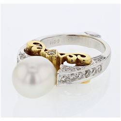 Natural 10.44 CTW Pearl & Diamond Ring 18K Two Tone Yellow Gold - REF-204T3X
