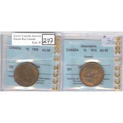2 Large Cent 1908 & 1912 CCCS AU-55