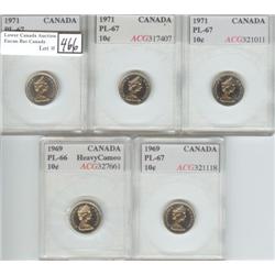 1969 & 1971, 5 x 10¢ ACG PL-66 & 67