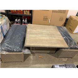 NEW 3-Piece Patio Conversation Set INCLUDES 2 WIDE BENCH SEATS AND GLASS TOP WICKER TABLE