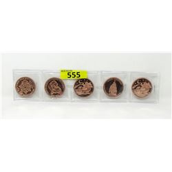 Five 1 Oz. .999 Fine Copper Christmas Rounds