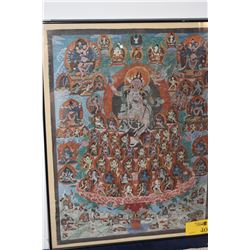 FRAMED TIBETAN TONKA POLYCHROME BUDDHIST PAINTING