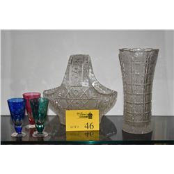 CUT CRYSTAL BASKET & VASE (SMALL CHIP ON BASE) & CUT TO CLEAR GLASSES (3) (5 PCS)