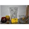 Image 1 : MIXED LOT: CRYSTAL VASE, GLASS PITCHER W/LION MOTIF CUT TO CLEAR SNIFTERS (2) (4 PCS)