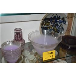 GLASS SALAD BOWL W/SERVING BOWLS, PLATES, CUT TO CLEAR WATER DECANTER W/GLASS & CERAMIC PLATE