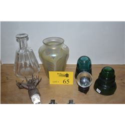 MIXED LOT: STERLING & GLASS "BUCK" STOPPER, VASE, DECANTER, CRYSTAL BALL ON STAND & INSULATORS