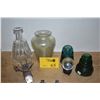 Image 1 : MIXED LOT: STERLING & GLASS "BUCK" STOPPER, VASE, DECANTER, CRYSTAL BALL ON STAND & INSULATORS